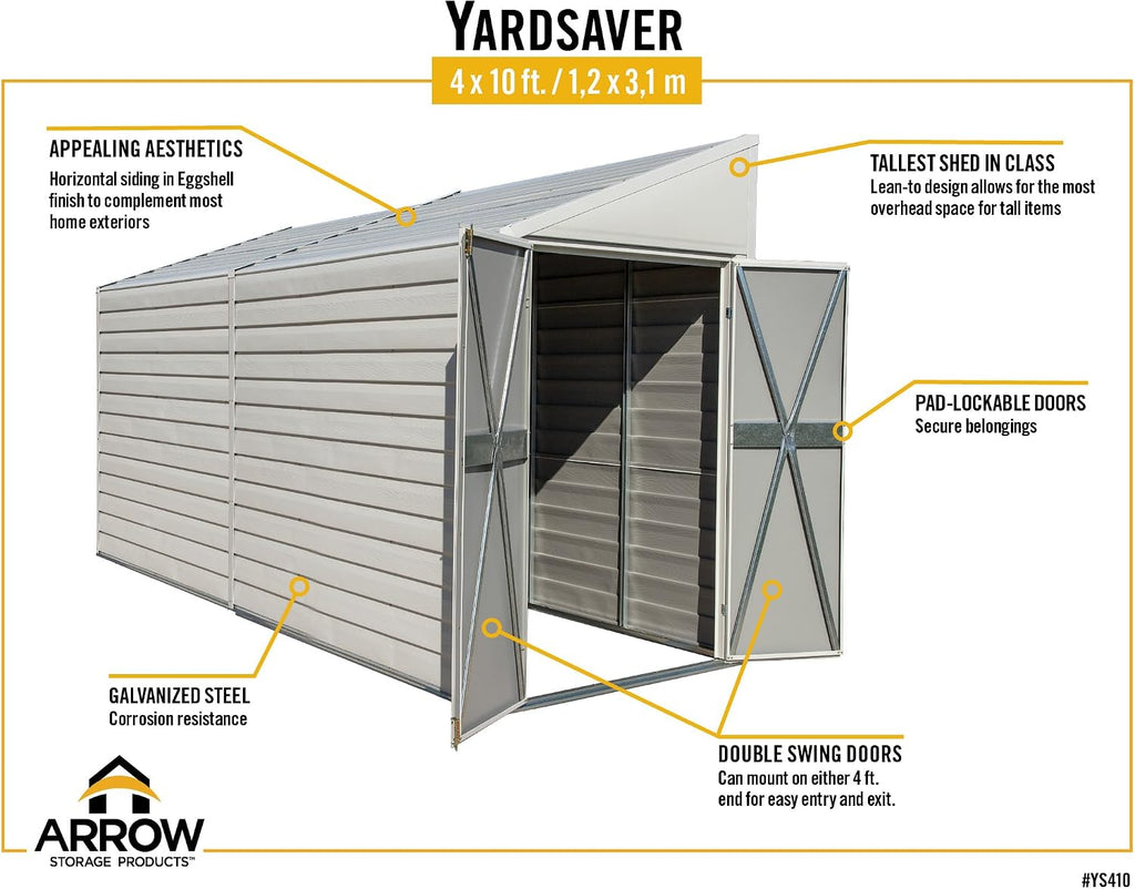Arrow Yardsaver 4' x 10' Galvanized Steel Outdoor Storage Shed with Sloped Roof and Double-Door Entry, UV-Resistant Steel Floorless Compact Storage Shed, Charcoal