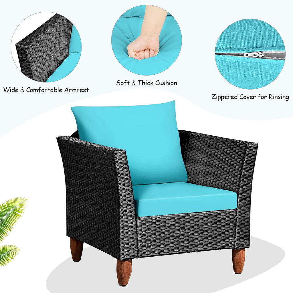 COSTWAY 3 Pieces Patio Rattan Furniture Set, Outdoor Wicker Conversation Chairs Set with Acacia Wood Coffee Table & Washable Cushion, Porch Furniture Bistro Set for Balcony, Garden Backyard, Turquoise