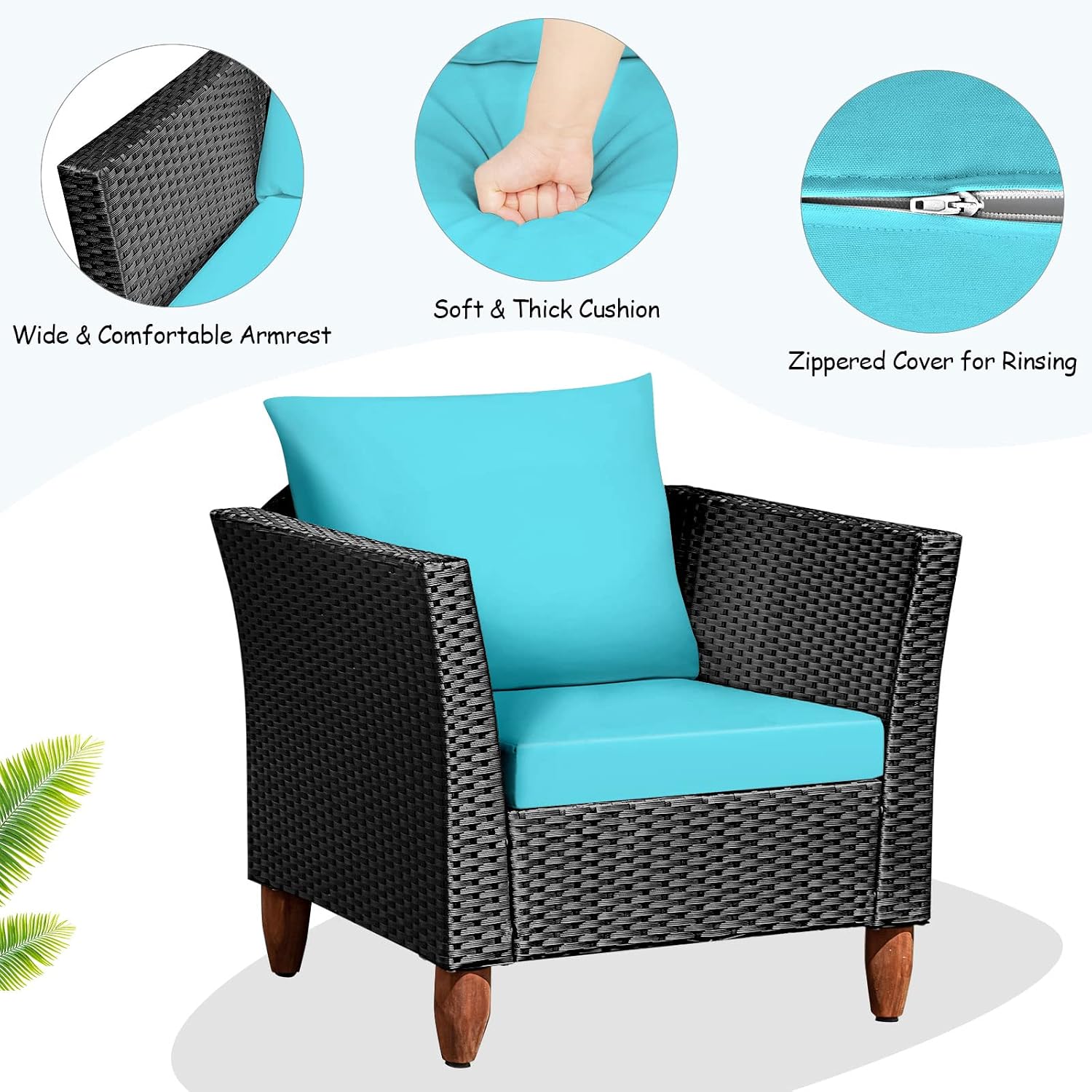 COSTWAY 3 Pieces Patio Rattan Furniture Set, Outdoor Wicker Conversation Chairs Set with Acacia Wood Coffee Table & Washable Cushion, Porch Furniture Bistro Set for Balcony, Garden Backyard, Turquoise