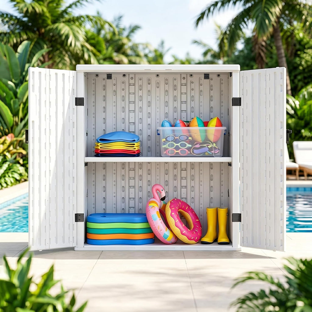 Outdoor Storage Cabinet with 2 Shelves, Waterproof Resin Vertical Tool Shed, Lockable 15 cu. ft. Storage Shed for Patio, Garden, Yard, Dark White