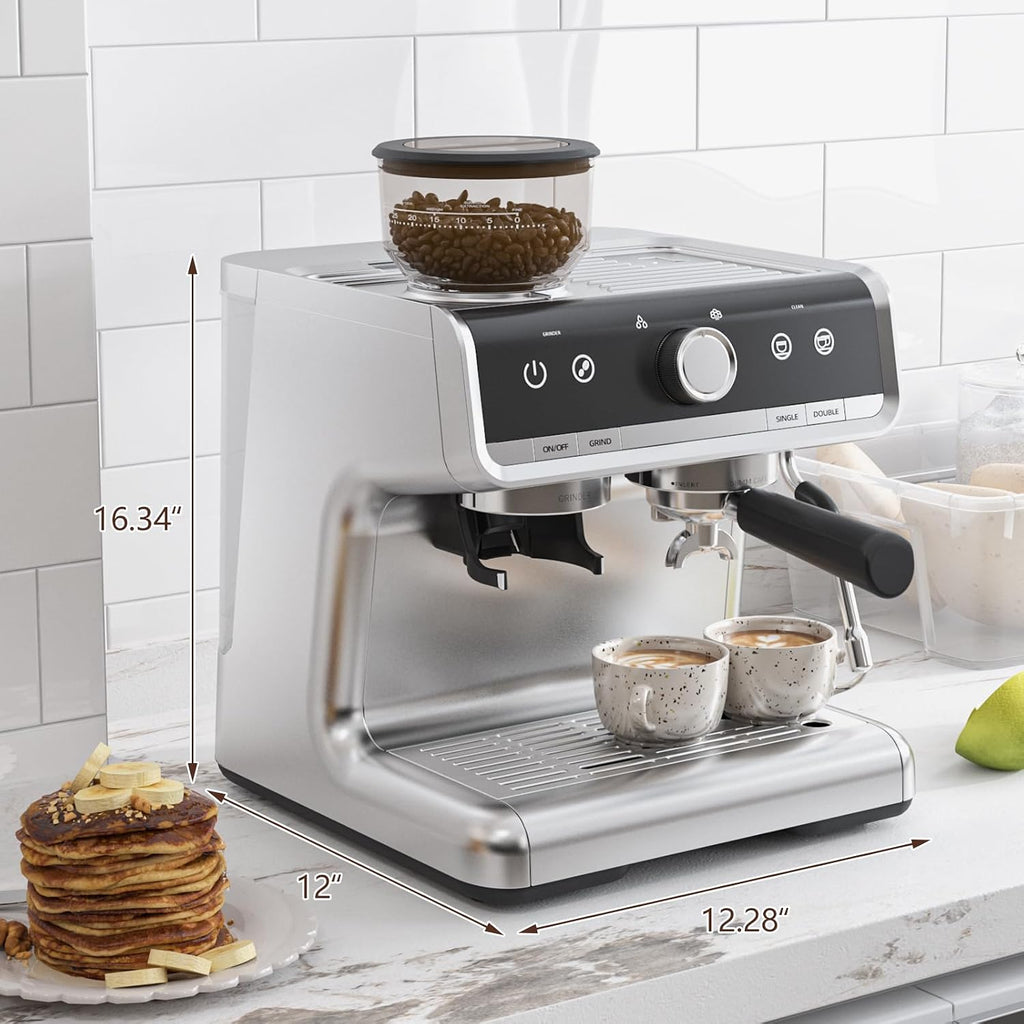 Espresso Machine with Built-in Grinder & Milk Frother, 15 Bar Semi-Automatic Coffee Maker with Steam Wand, 2.5l Water Tank, Italian Pump System, Stainless Steel Construction