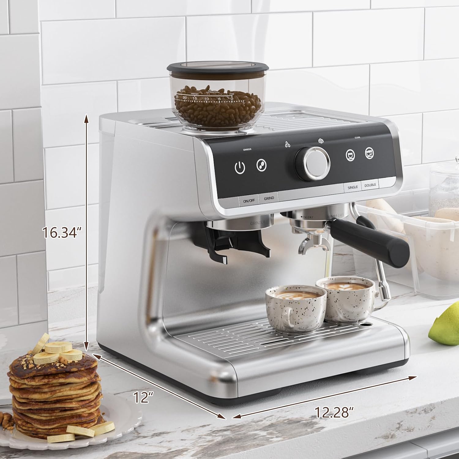 Espresso Machine with Built-in Grinder & Milk Frother, 15 Bar Semi-Automatic Coffee Maker with Steam Wand, 2.5l Water Tank, Italian Pump System, Stainless Steel Construction