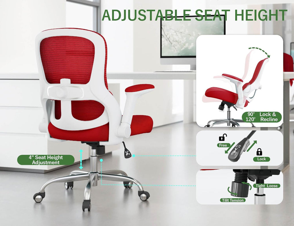 Office Chair Ergonomic Desk Chair Comfy: 400LBS Mesh Computer Chair Ergonomic Gaming Chairs with Wheels Adjustable Lumbar Support and Flip up Armrest-Swivel Executive Chairs Long Hours(Red)