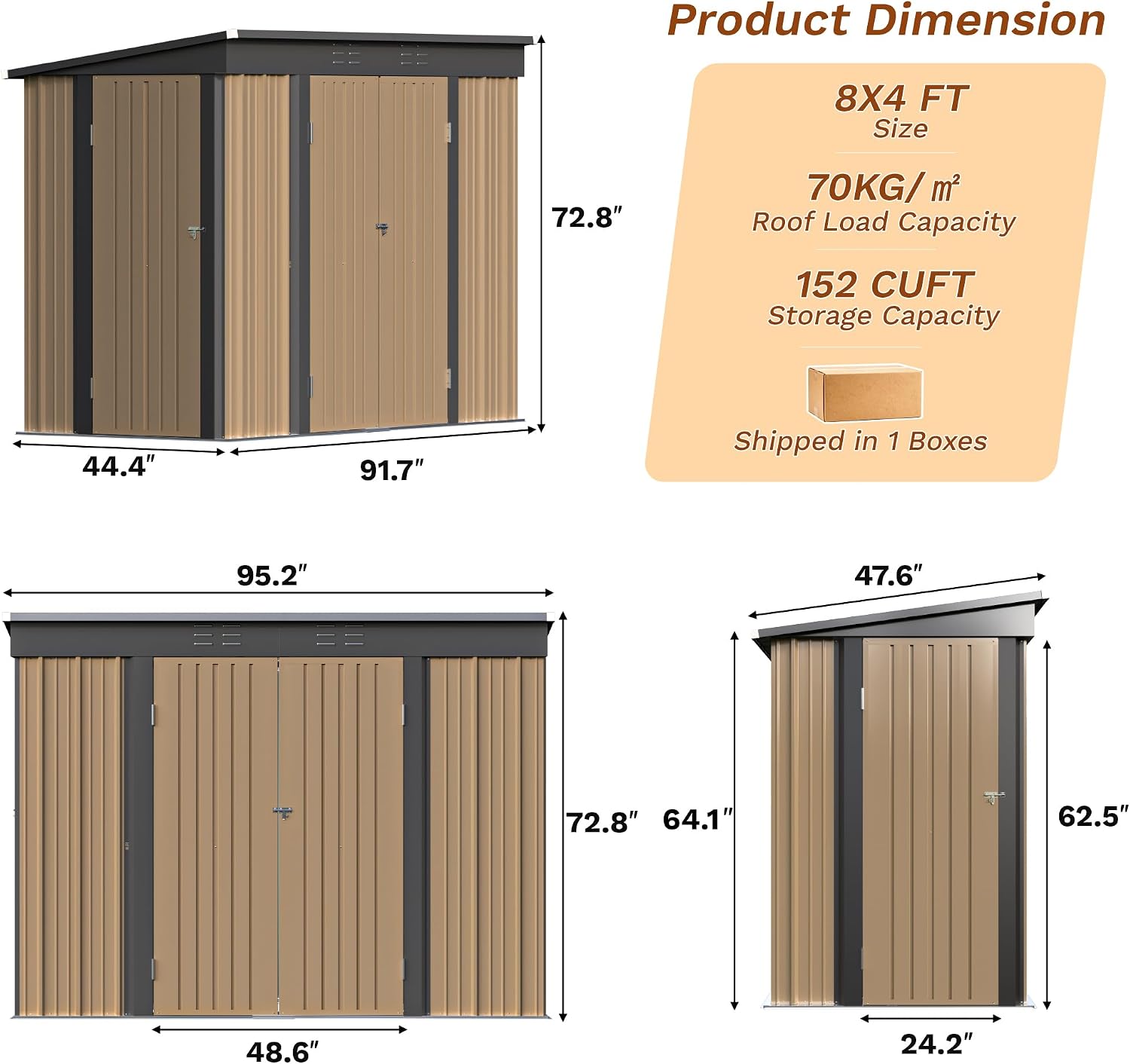 Greesum 8x4FT Outdoor Storage Shed, Metal Shed with Triple Lockable Door, Utility Tool Storaged Garden Shed with Slopping Roof for Patio Storage, Brown