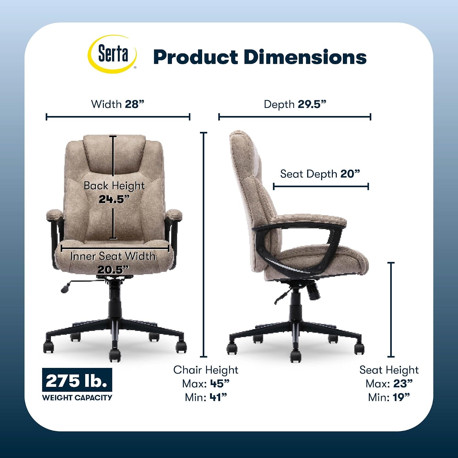 Serta Comfort Eco Office Chair, Ergonomic Mid-Back with Lumbar Support, Semi-Plush Seat Cushion and Layered Body Pillows, Padded Armrests, Metal Swivel Base, Soft Velvet Fabric, Light Brown