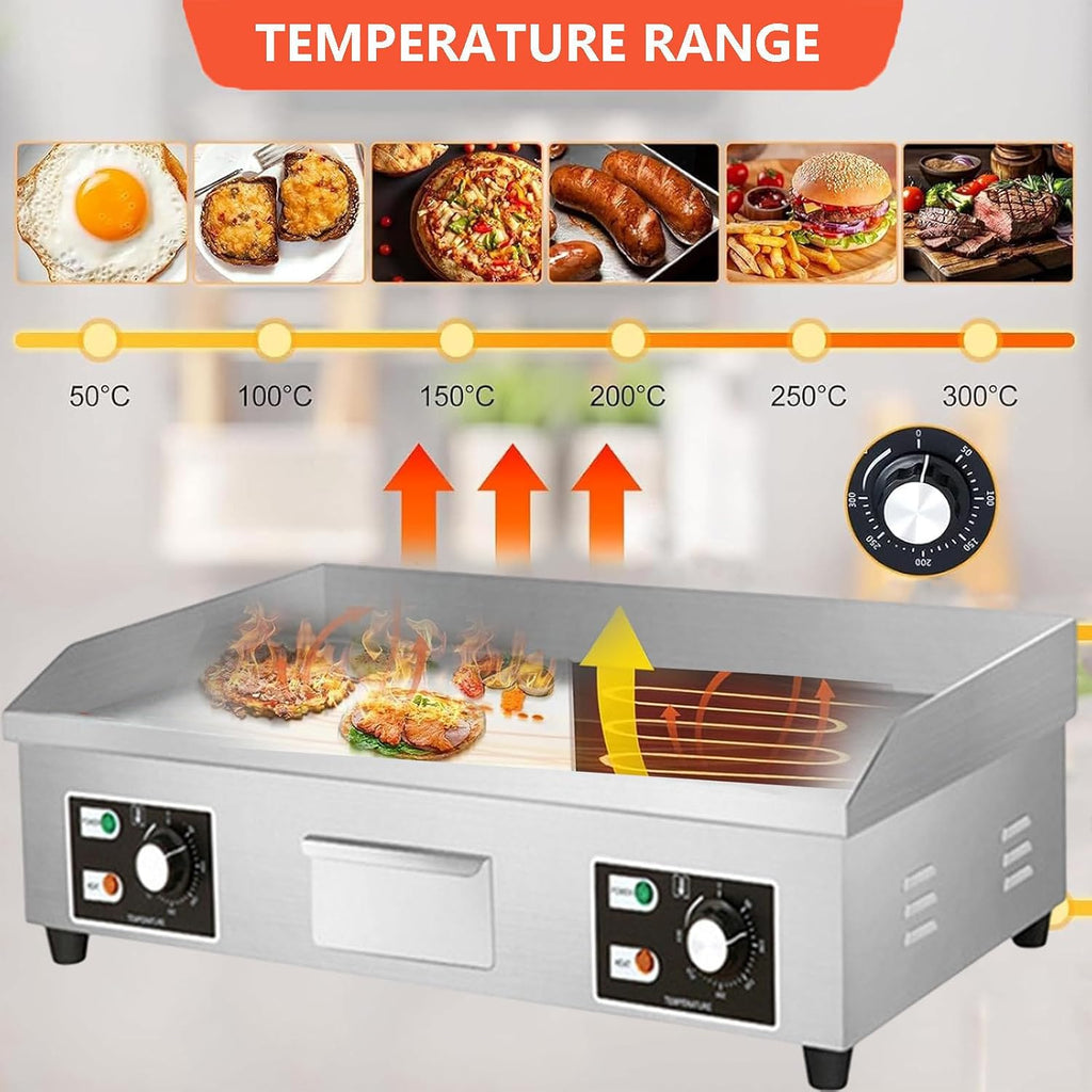 Commercial Electric Griddle 122-572°F, Stainless Steel Teppanyaki Grill Electric Cooker, Countertop Griddle and Hot Plate for Restaurants (With 3 Cleaning Brushes),4400W