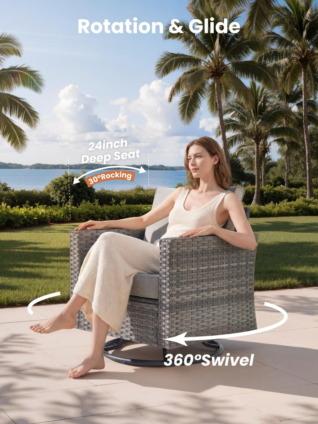 ovios 10 Piece Outdoor Patio Furniture Set with Fire Pit Table,Conversation Sectional Wicker Couch with Swivel Chairs,Modern Outside Sofa for Balcony Backyard, Beige