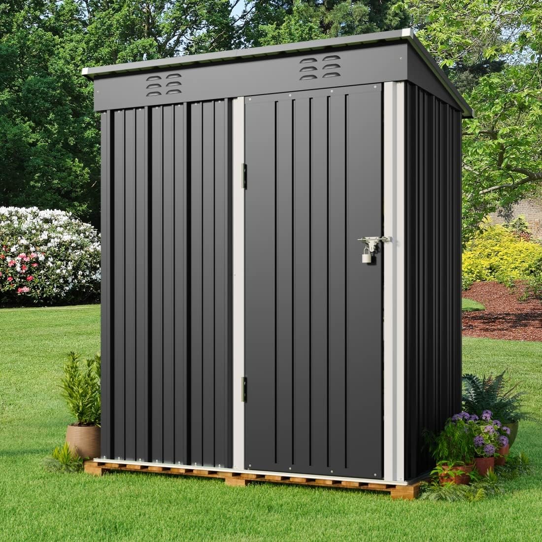 Gizoon 5 'x 3'Outdoor Storage Shed with Singe Lockable Door,Galvanized Metal Shed with Air Vent Suitable for The Garden,Tiny House Storage Sheds Outdoor for Backyard Patio Lawn-Dark Gray