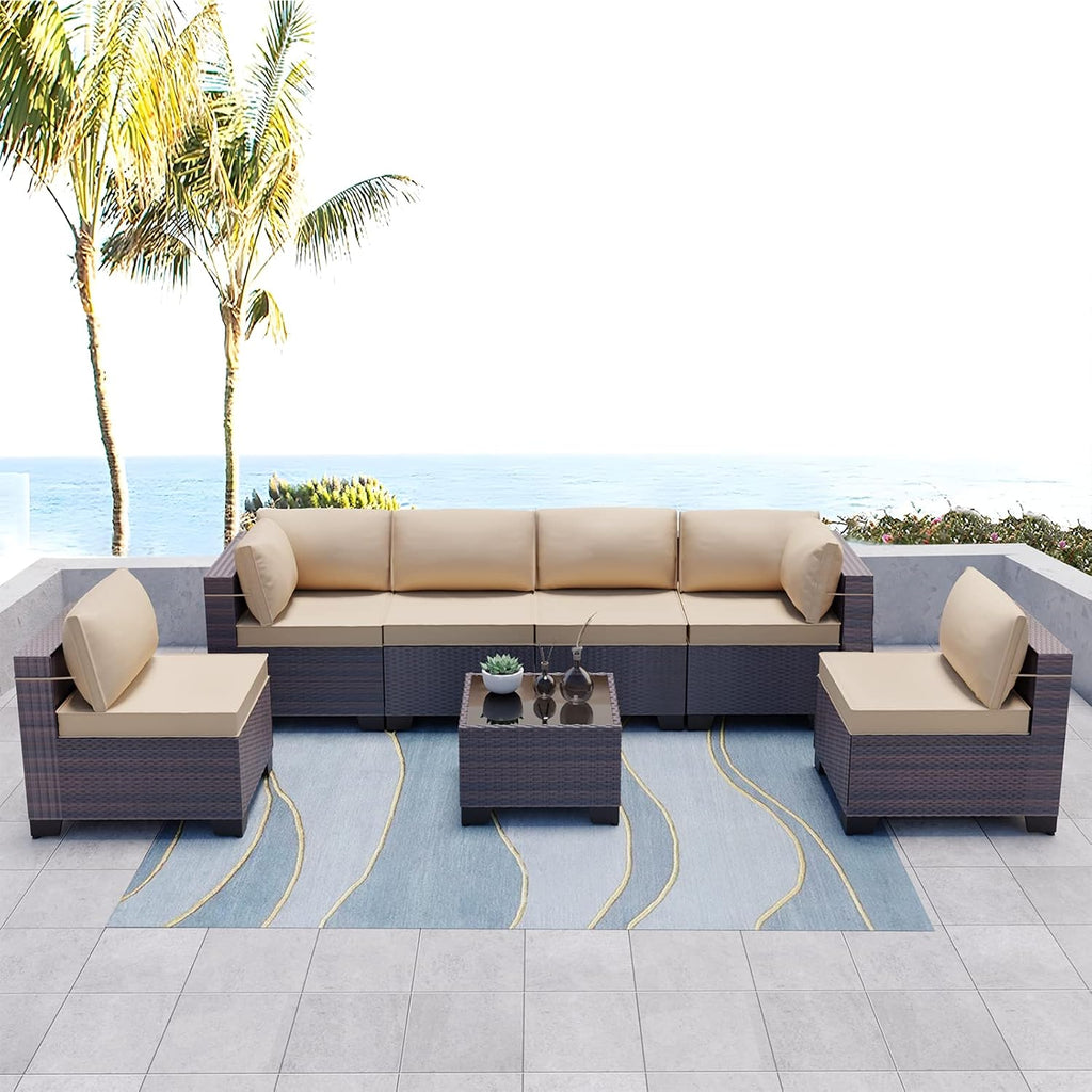 Kullavik 7 Pieces Outdoor Patio Furniture Set,Sectional Rattan Sofa Set Brown PE Rattan Wicker Patio Conversation Set with Tempered Glass Coffee Table and Washable Cushions Covers,Sand