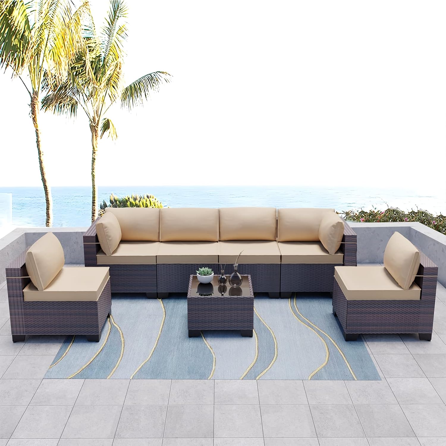 Kullavik 7 Pieces Outdoor Patio Furniture Set,Sectional Rattan Sofa Set Brown PE Rattan Wicker Patio Conversation Set with Tempered Glass Coffee Table and Washable Cushions Covers,Sand