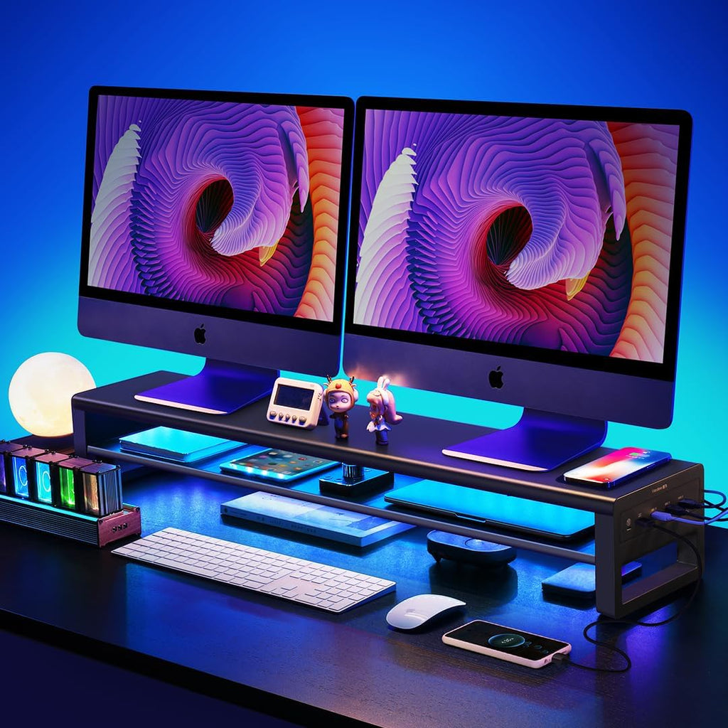 Vaydeer 2 Tiers Dual Monitor Stand Aluminum Monitor Riser with Wireless Charging and 4 USB 3.0 Hub Ports Metal Strong&Sturdy for PC Monitor Laptop Computer TV Printer Space Saving Desk Organizer