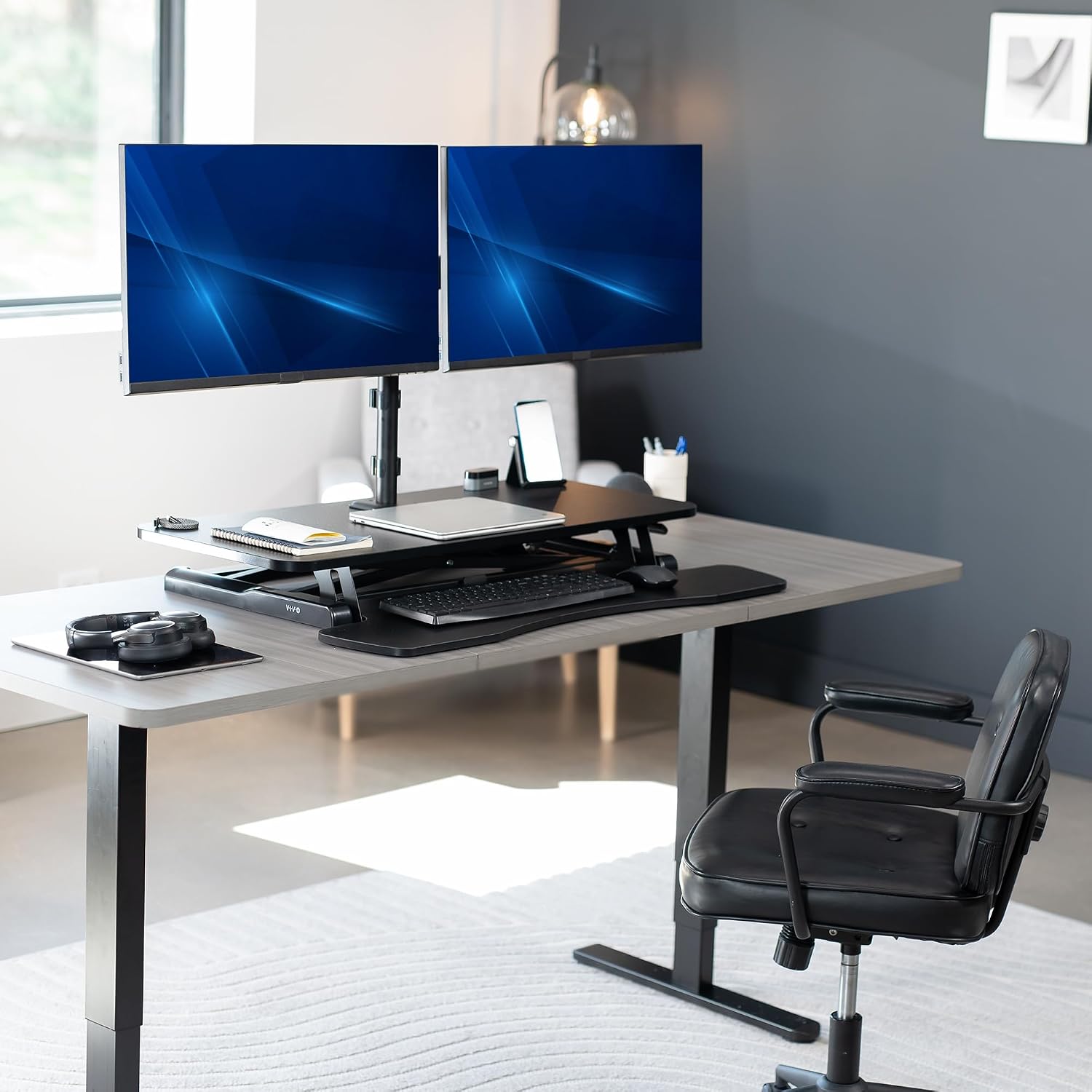 VIVO 36 inch Standing Desk Converter with Dual Monitor Mount for up to 32 inch Screens, Height Adjustable Riser with Mechanical Spring Arms, Black, DESK-KIT-036K2K