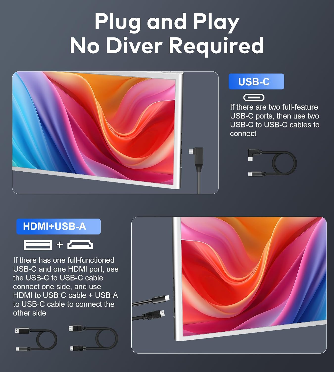Laptop Screen Extender, 14' FHD 1080P IPS Laptop Monitor Extender, 315° Rotation Triple Portable Monitor for 13.5' -16.5' Laptops, Type-C/HDMI/USB-A Plug & Play for Wins, Mac, Android, Switch