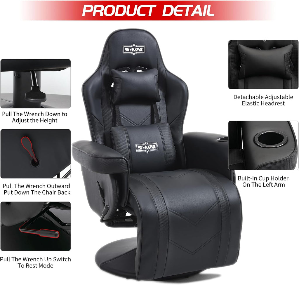 S*MAX Gaming Recliner Chair for Adults Height Adjustable Higher Back Wider Lumbar Support Swivel Adjustable Footrest Larger Cup Holder Side Pouch Gamer Chairs Black X Large