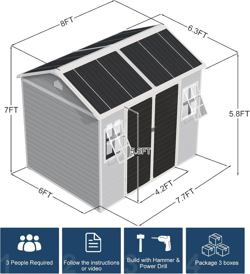8x6x7 FT Resin Storage Sheds with Floor Unique Openable 2 Windows, Heavy Duty Frame Waterproof Outdoor Plastic Garden Shed Kit with Base for Backyard Patio Lawn Tools Storage, Gray,Large