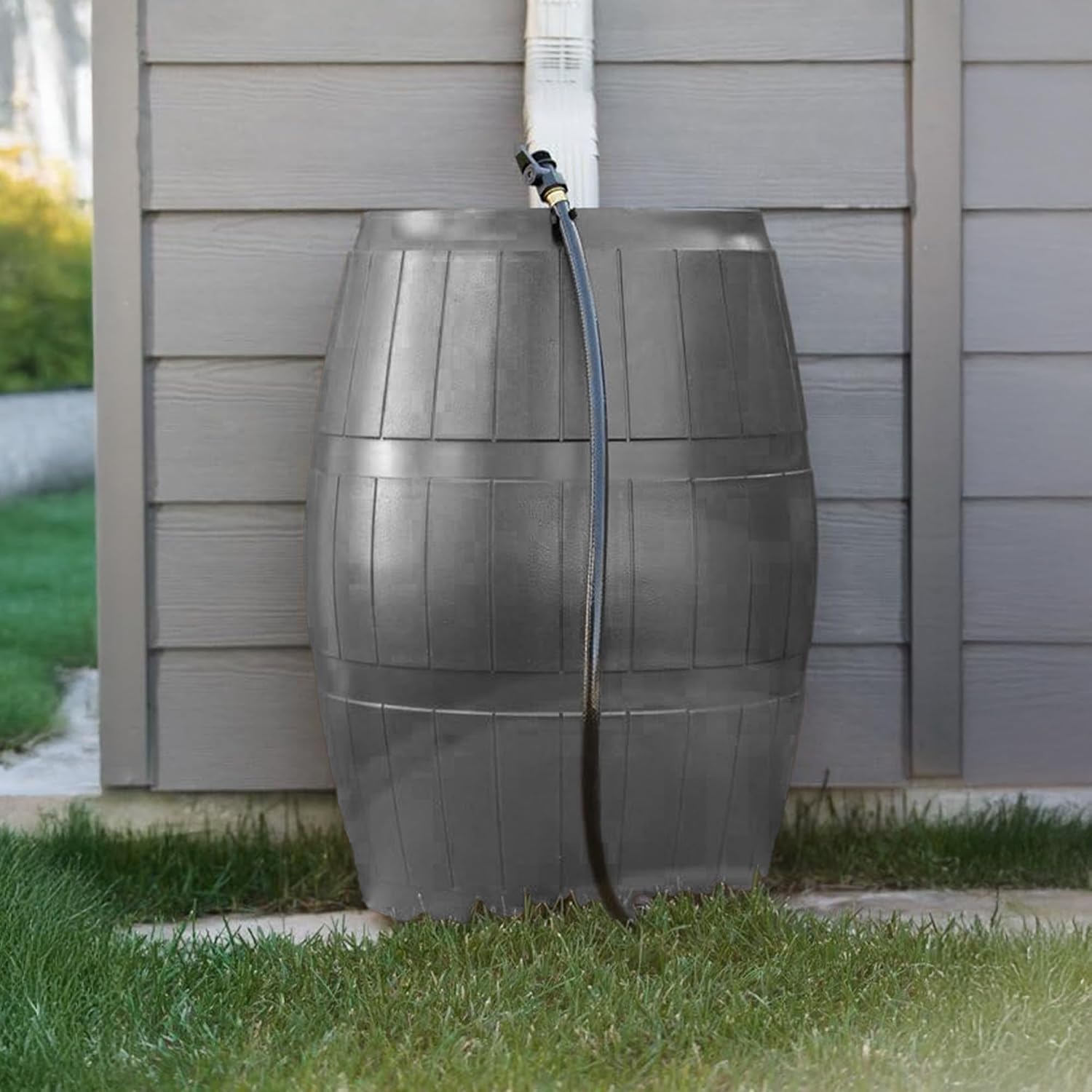 FCMP Outdoor Raincatcher 4000 Rain Barrel, Flat-Back Rainwater Catcher with Spigots, 50 Gallon, Grey - Portable Water Storage Container Tank for Home, Garden, and Backyard