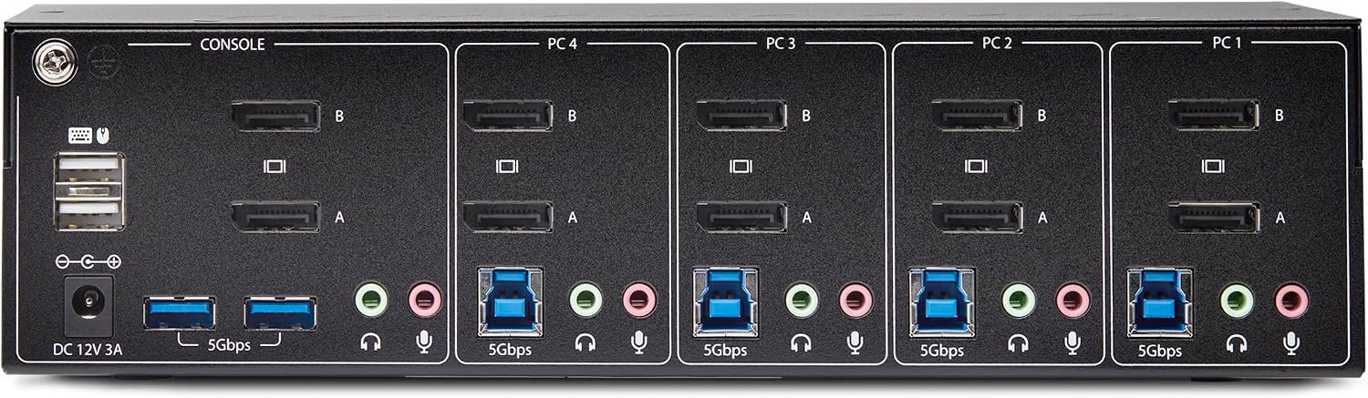 StarTech.com 4-Port Dual-Monitor DisplayPort KVM Switch, 4K 60Hz, 2X USB 5Gbps Hub Ports, 2X USB 2.0 HID Ports, Hotkey and Push-Button Switching, TAA Compliant (P4DD46A2-KVM-SWITCH)