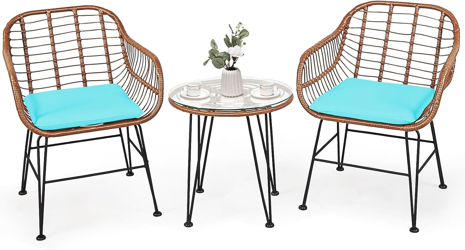 COSTWAY 3 Pieces Patio Bistro Set, Outdoor Rattan Conversation Seating Chair Set with Coffee Table & Soft Cushions, Indoor Wicker Furniture Set for Garden, Balcony, Porch, Pool, Turquoise