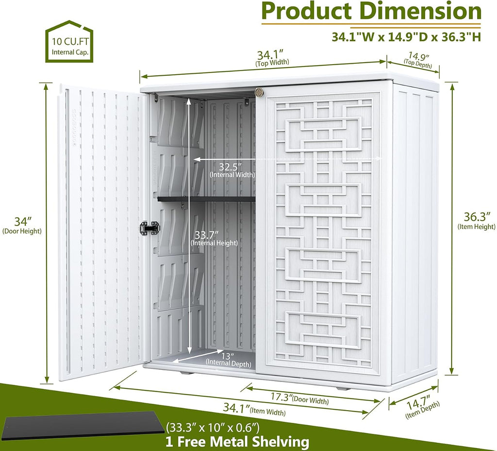 ZZM HDPE Outdoor Storage Shed, Outdoor Plastic Storage Cabinet, Horizontal Resin Tool Shed for Garden, All Weather Outdoor Storage Clearance, DIY Usage, with one Shelf (White)
