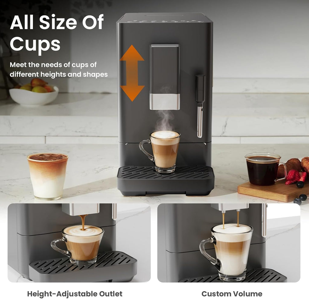 Kismile Automatic Espresso Machine, 20 Bar Espresso Machine with Grinder, Customizable Coffee Volume, Cappuccino Machines with Milk Frother, One-Touch Americano and Lattes for Home/Office