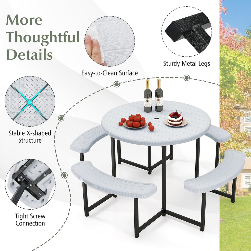 Giantex Picnic Table Bench Set for 4-8 Person, Round 37' Outdoor Dining Table w/Umbrella Hole, HDPE Tabletop, Metal Frame, Patio Furniture Set for Backyard Porch Lawn, 1400lb Capacity (White,Round)