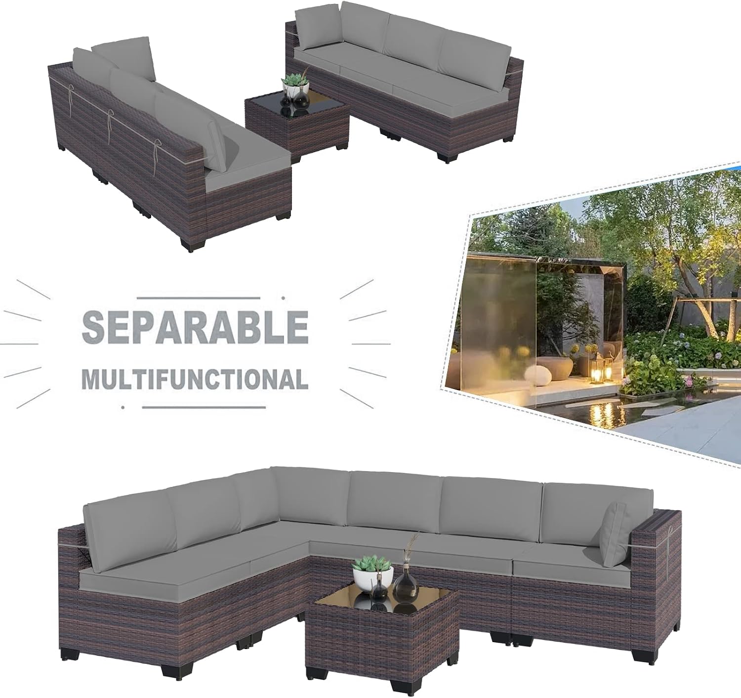 Kullavik 7 Pieces Outdoor Patio Furniture Set,Sectional Rattan Sofa Set Brown PE Rattan Wicker Patio Conversation Set with Tempered Glass Coffee Table and Washable Cushions Covers,Grey