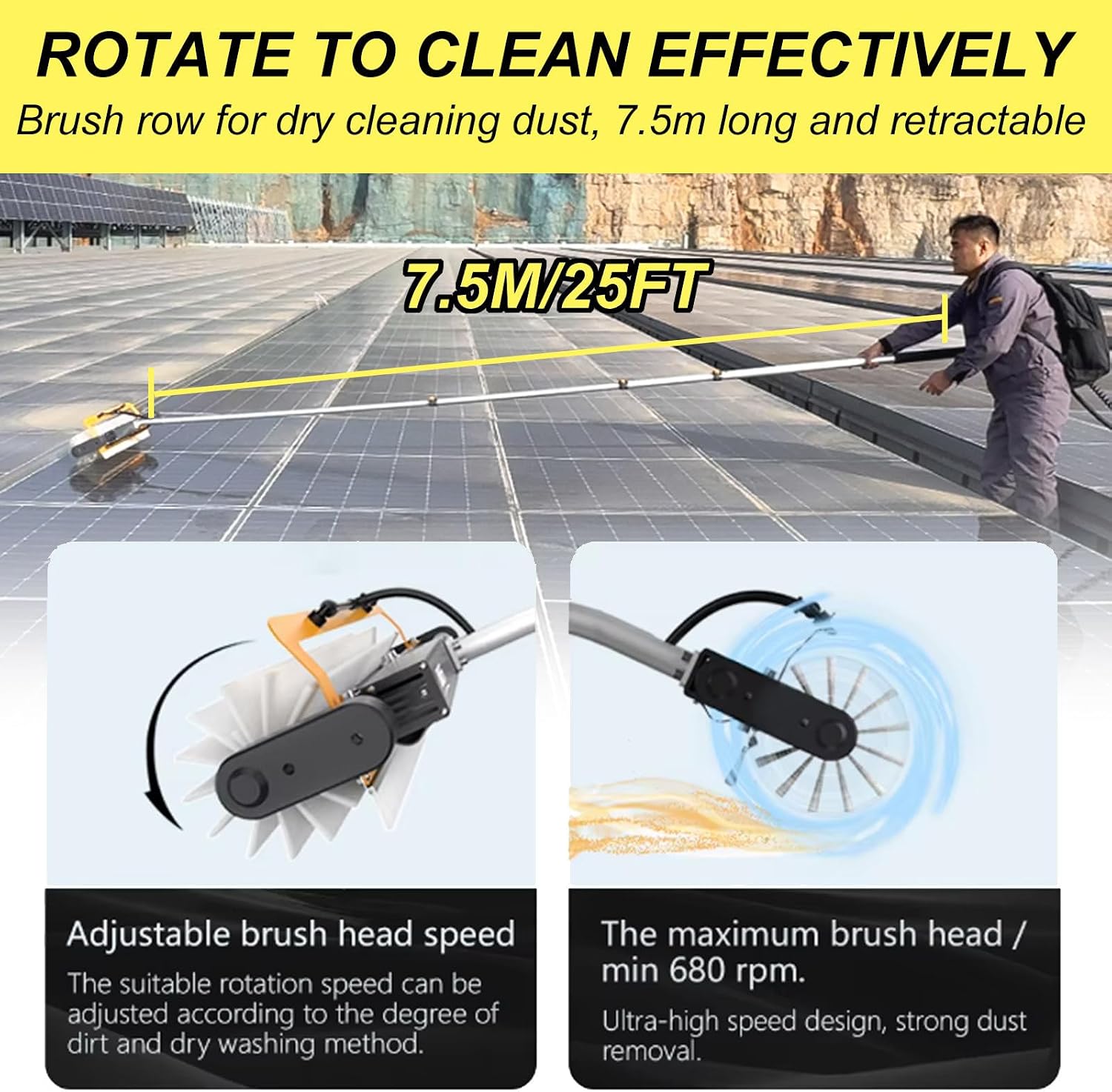 Electric Solar Panel Cleaning Brush 25Ft Long Handle Window Cleaner Tool,60Cm Wide Brush Head Design,Pure Copper Brushless Motor,A-DualUse