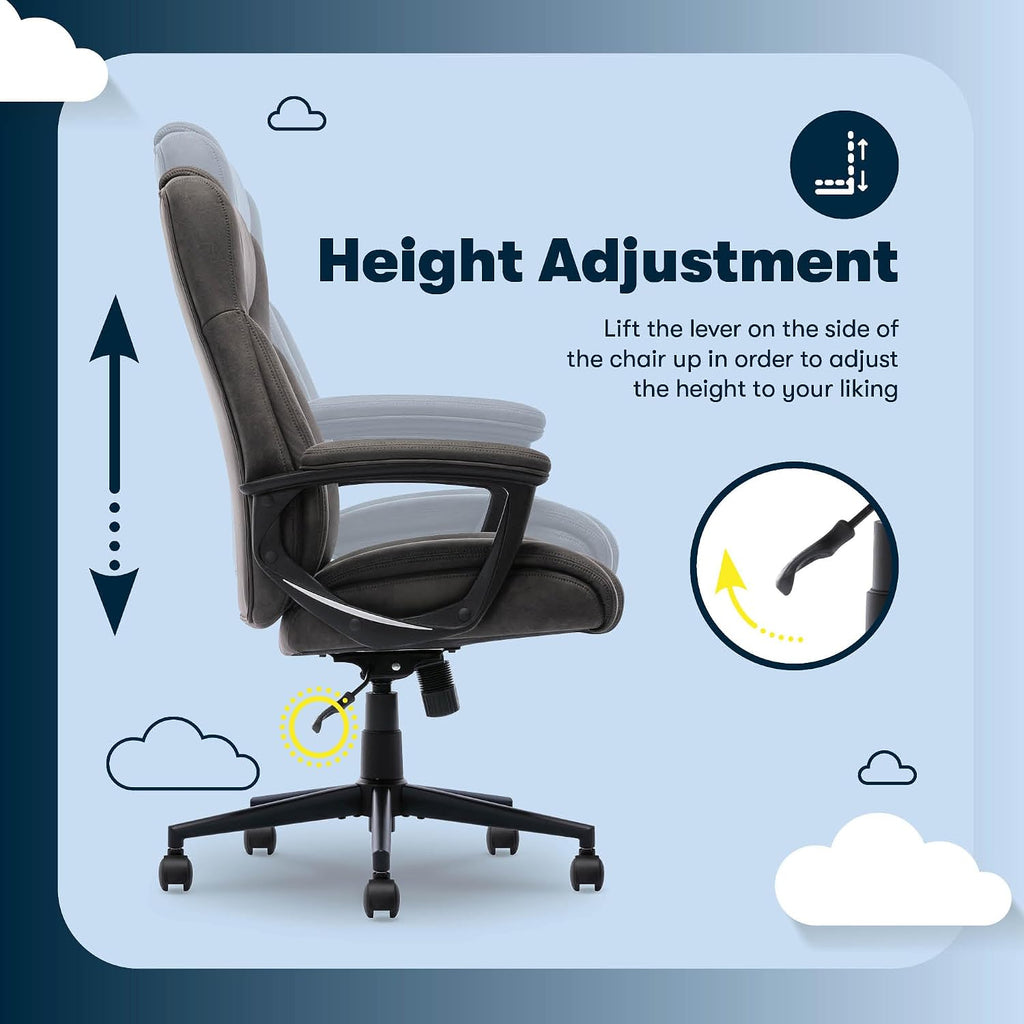 Serta Comfort Eco Office Chair, Ergonomic Mid-Back with Lumbar Support, Semi-Plush Seat Cushion and Layered Body Pillows, Padded Armrests, Metal Swivel Base, Soft Velvet Fabric, Brown