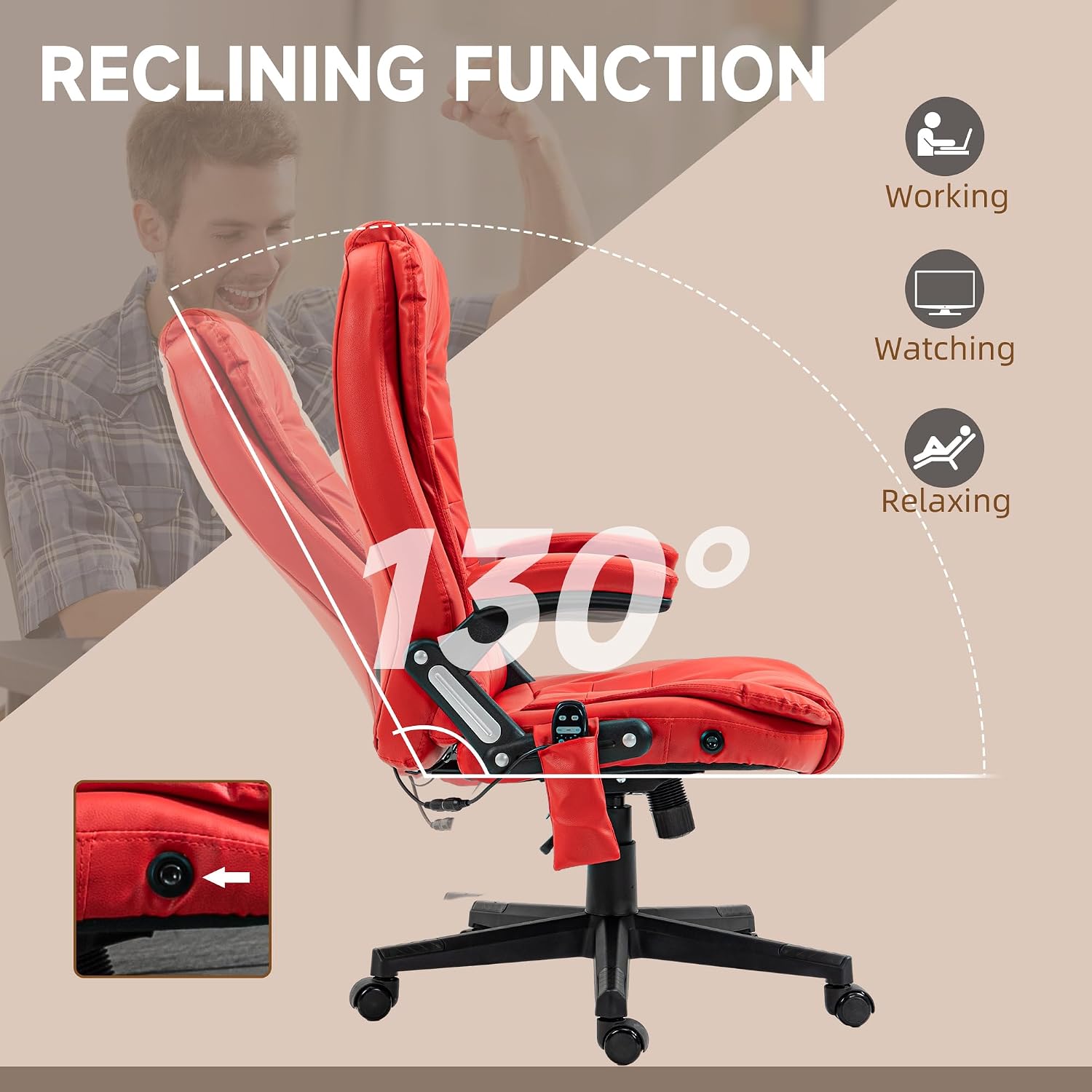 HOMCOM High Back Vibration Massage Office Chair with 6 Vibration Points, Heated Reclining PU Leather Computer Chair with Armrest and Remote, Red