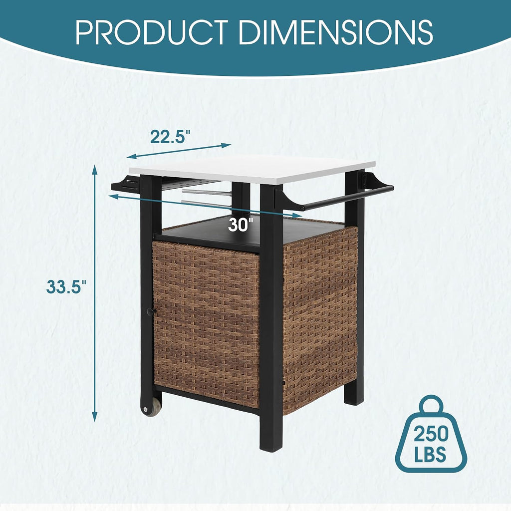 Wicker Grill Cart with Wheels, Outdoor Prep Table with Storage and Rolling Wheels, Samll Kitchen Island Serving Cart with Stainless Steel Table Top for BBQ, Porch, Patio, Brown
