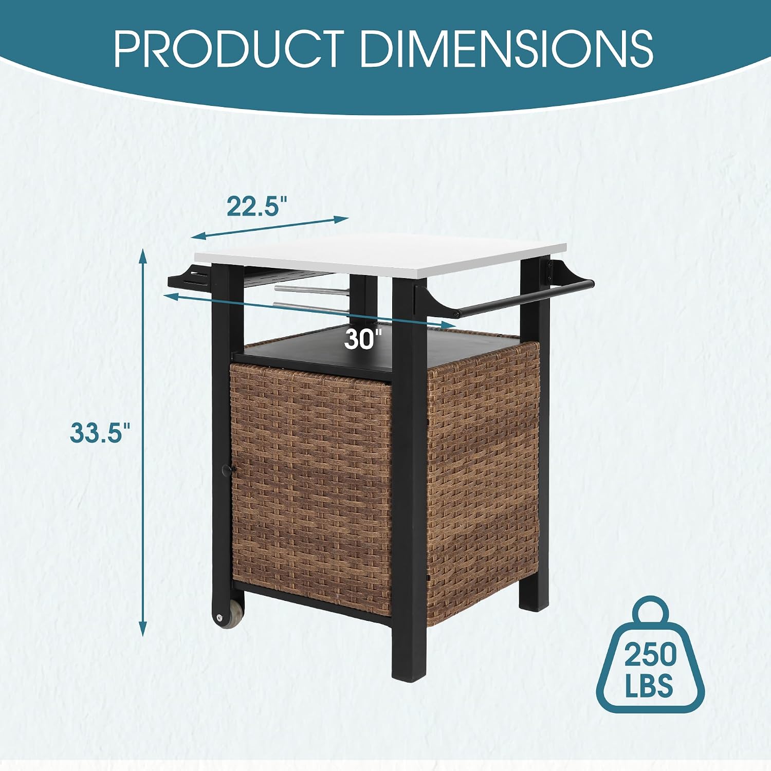 Wicker Grill Cart with Wheels, Outdoor Prep Table with Storage and Rolling Wheels, Samll Kitchen Island Serving Cart with Stainless Steel Table Top for BBQ, Porch, Patio, Brown