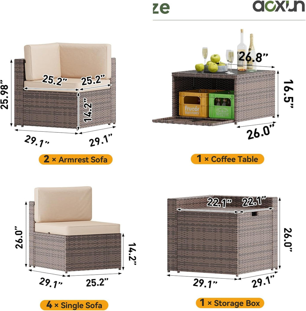 Aoxun 8 Piece Patio Furniture Set, Wicker Outdoor Furniture Set with Storage Box, Patio Sectional Set with Thickened Cushions, Waterproof Cover and 25.6' Coffee Table (Brown& Khaki)