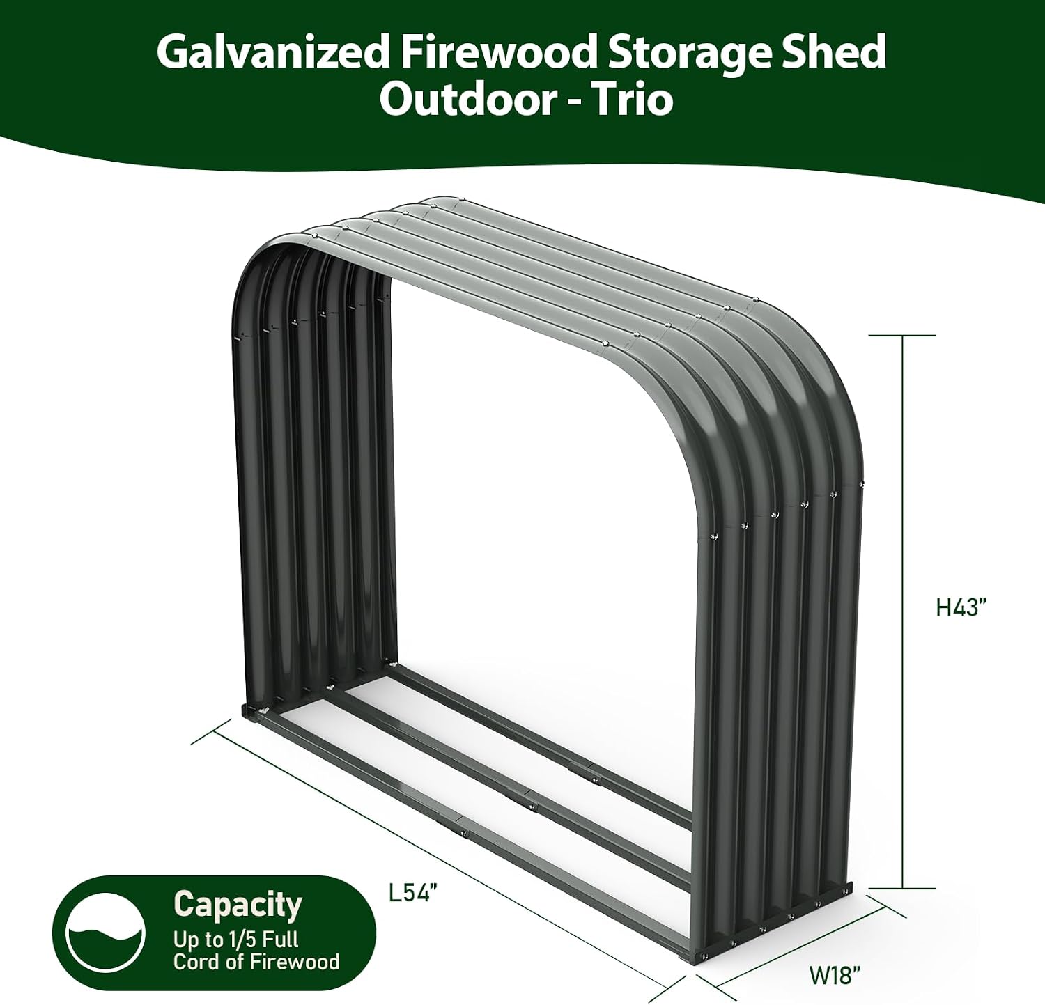 ANLEOLIFE Galvanized Steel Firewood Rack with Weatherproof Corrugated Roof (Shed-Style Log Storage), Heavy Duty Outdoor Log Holder, Rust Resistant, Trio Gray, 18'D x 54'W x 43'H