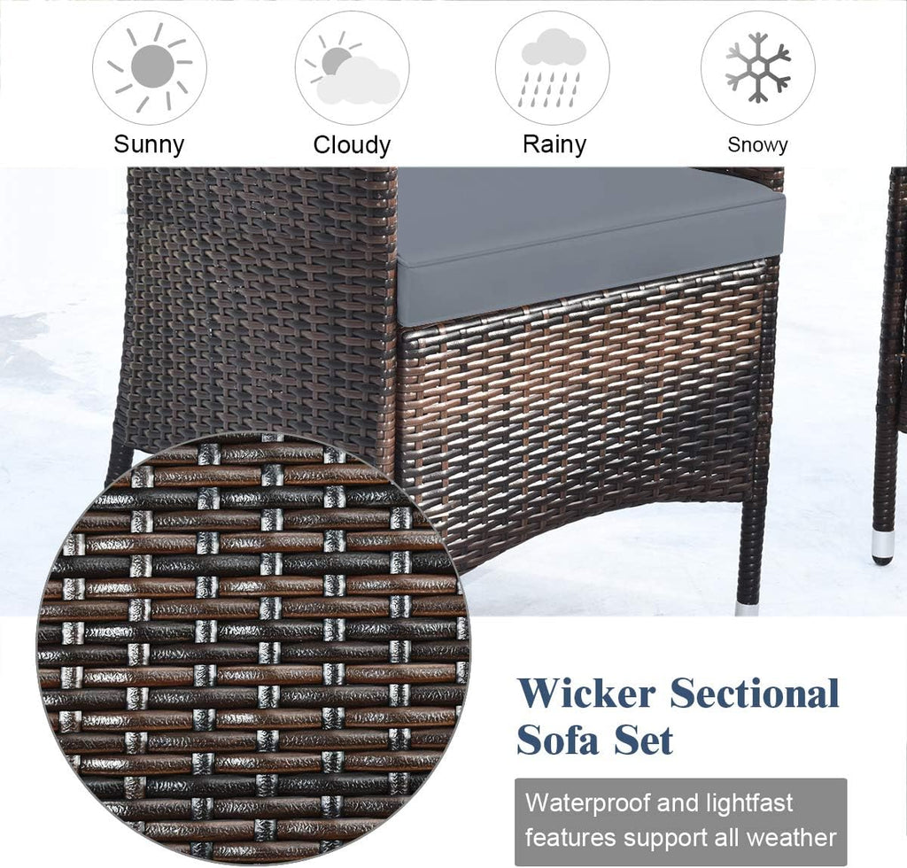 COSTWAY 8PCS Rattan Patio Furniture Set, Outdoor Wicker Rattan Chairs with Coffee Table, Rattan Cushioned Conversation Set for Backyard Balcony Porch Poolside, Grey