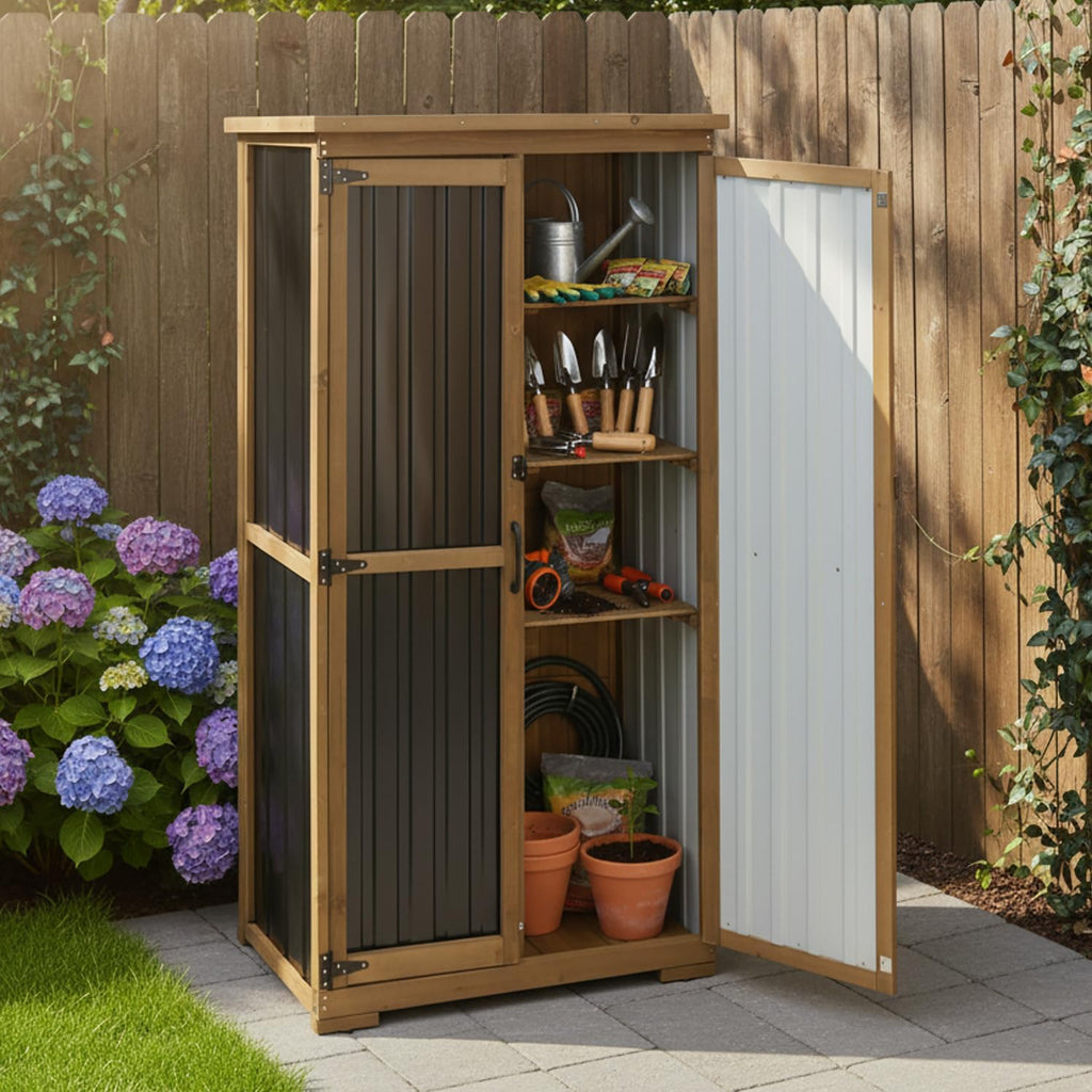Outdoor Storage Cabinet,Wood & Metal Storage Shed with Adjustable Shelves & Lockable Doors,Vertical Outdoor Cabinets for Backyard Patio, Gardening Tools and Accessories,Brown