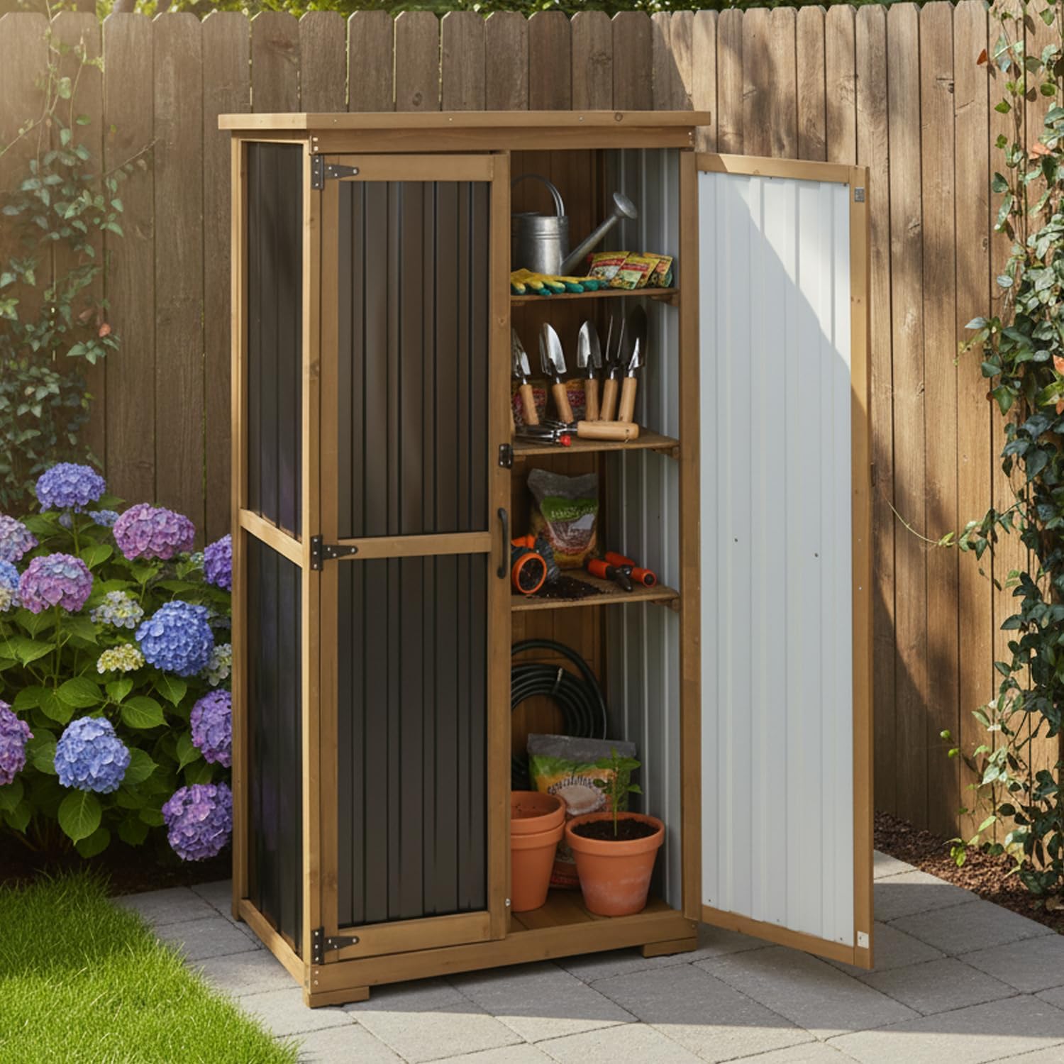 Outdoor Storage Cabinet,Wood & Metal Storage Shed with Adjustable Shelves & Lockable Doors,Vertical Outdoor Cabinets for Backyard Patio, Gardening Tools and Accessories,Brown