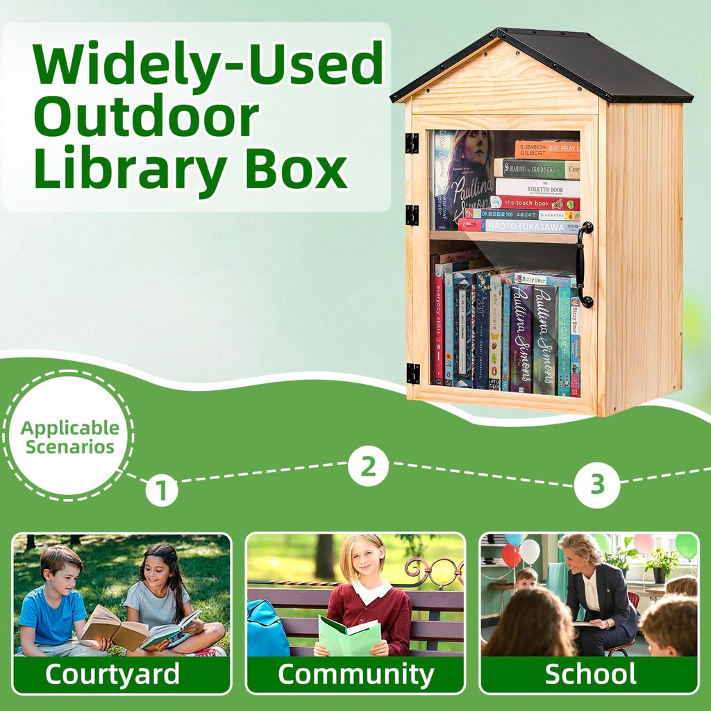 Little Library Box Outdoor, 2-Tier Little Library for Neighborhoods Community School, Weatherproof Solid Wood with Adjustable Shelf & Rust-Proof Hinges, Sharing books, Literature and Newspapers