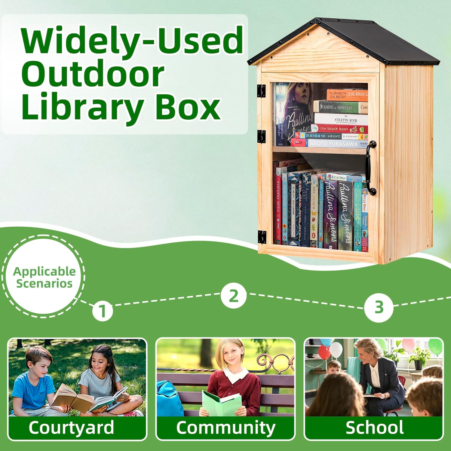Little Library Box Outdoor, 2-Tier Little Library for Neighborhoods Community School, Weatherproof Solid Wood with Adjustable Shelf & Rust-Proof Hinges, Sharing books, Literature and Newspapers