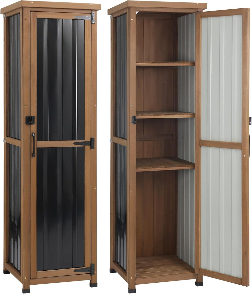 62' H Tall Narrow Outdoor Storage Cabinet with Metal Top, Outdoor Shed Storage Unit Waterproof with Adjustable Shelves for Garden, Patio, Living Room, or Entryway Storage, Black