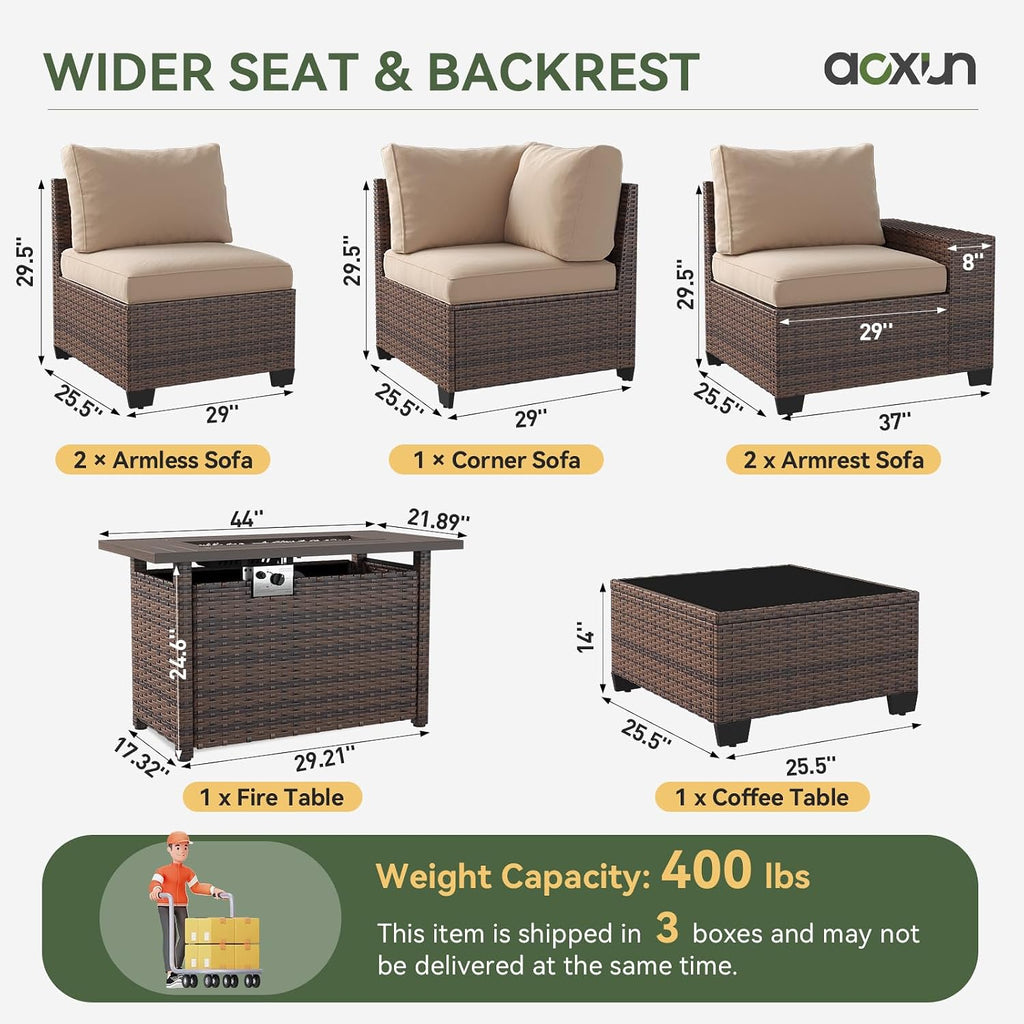 Aoxun Outdoor Patio Furniture Set with 44'' Fire Pit Table, 7 Pcs Outdoor Patio Furniture Sets with 4in Thicken Cushion, Widen Armrests Wicker Outdoor Sectional for Backyard & Garden, Beige