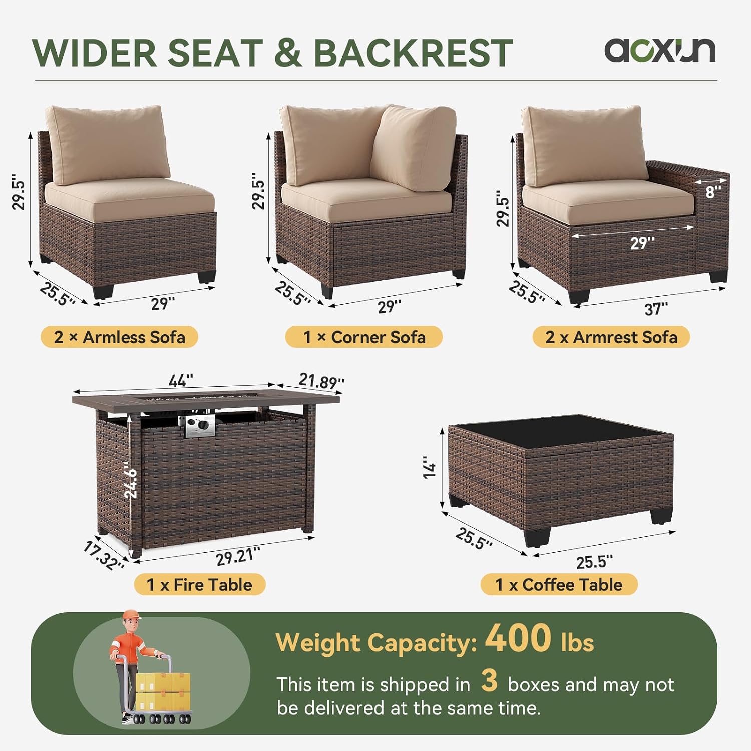 Aoxun Outdoor Patio Furniture Set with 44'' Fire Pit Table, 7 Pcs Outdoor Patio Furniture Sets with 4in Thicken Cushion, Widen Armrests Wicker Outdoor Sectional for Backyard & Garden, Beige