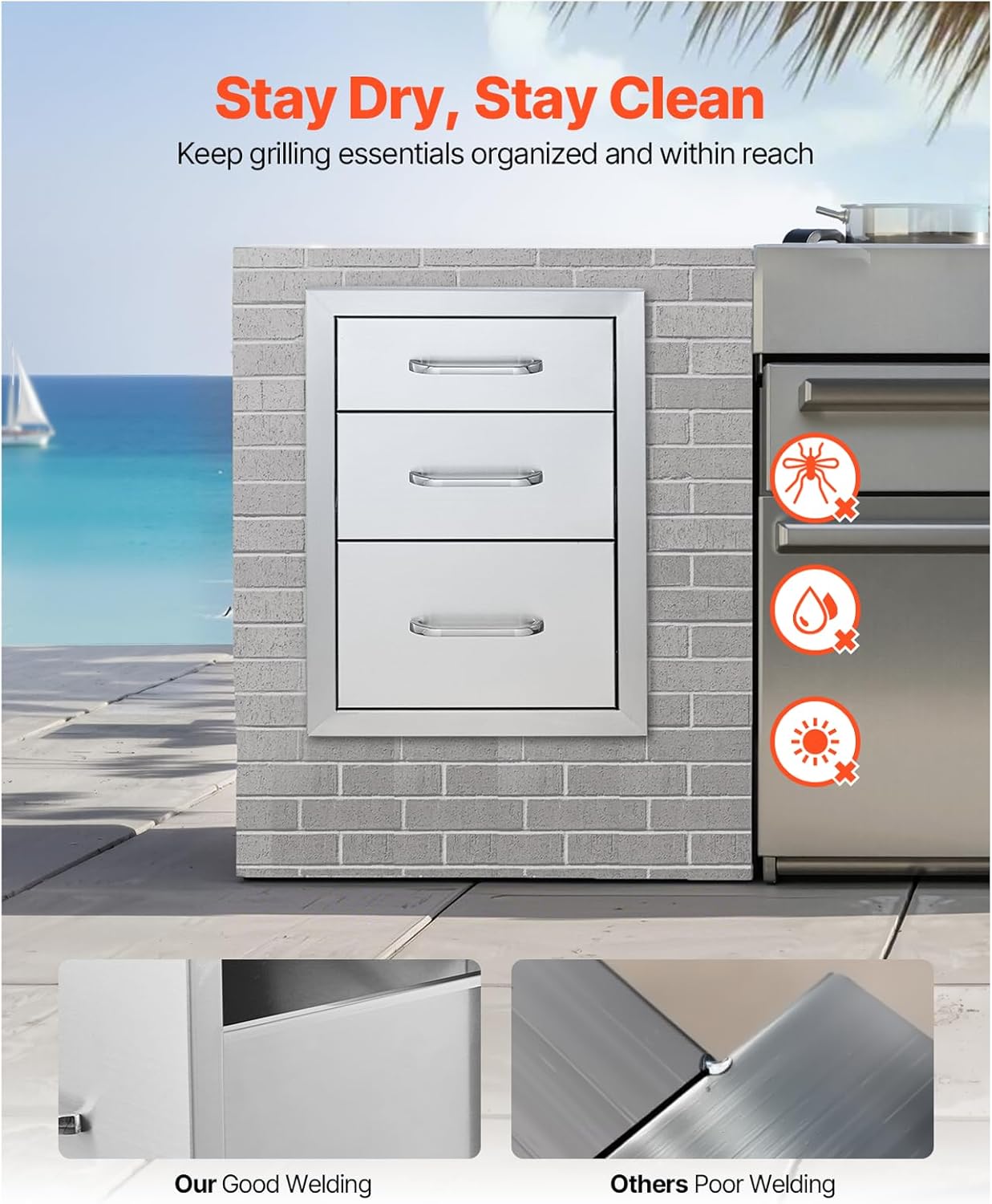VEVOR 14x20.3 Inch Outdoor Kitchen Drawers Stainless Steel, Flush Mount Triple Drawers, 14W x 20.3H x 23D Inch, with Stainless Steel Handle, Outdoor Kitchens or BBQ Island