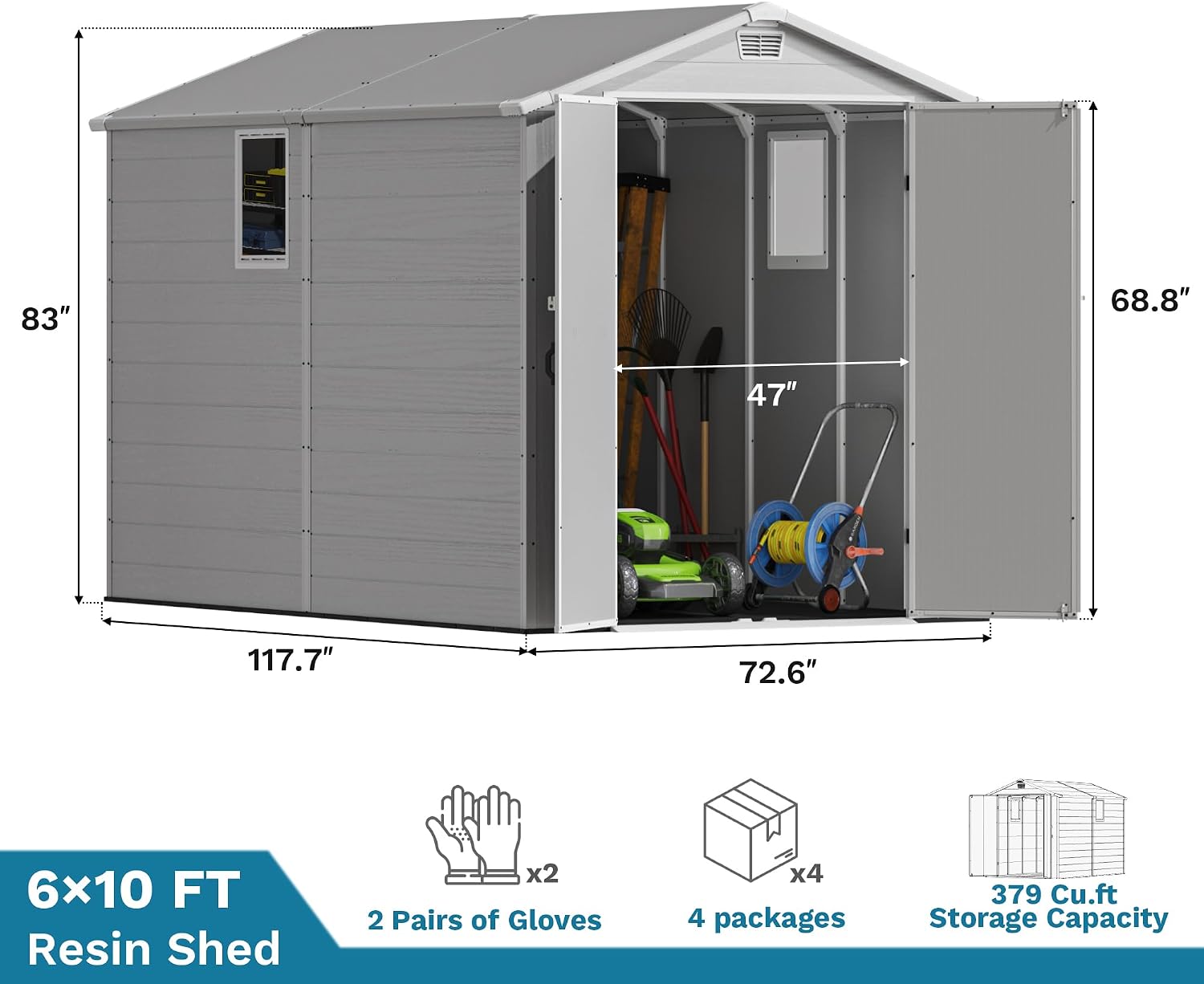 Devoko 6x10 FT Plastic Storage Shed, Outdoor Resin Waterproof Garden Shed with Floor, Light Gray