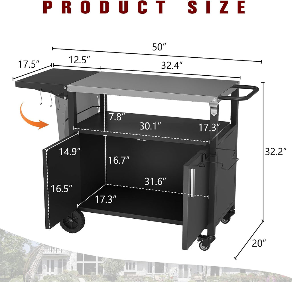 Vongrasig Outdoor Grill Cart, Patio Kitchen Island with Storage, Outdoor Bar Table BBQ Cart Pizza Oven Table with Foldable Stainless Steel Top & Wheels, Black