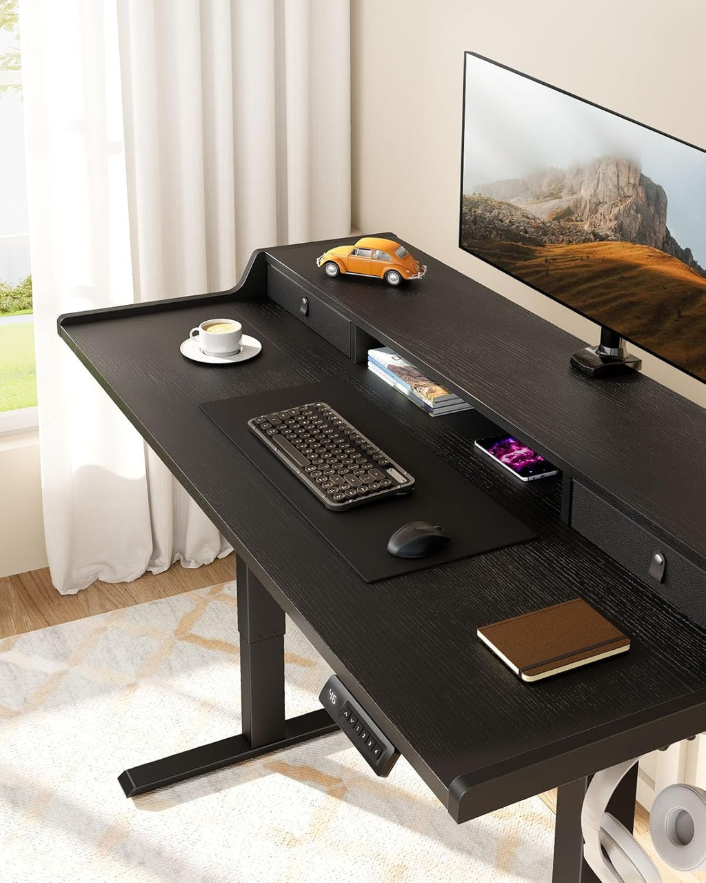 ErGear Electric Standing Desk with Drawers, 48″ x 24″ Gaming Table Compatible Monitor Stand, Stand up Desks, Home Office Height-Adjustable Desk with Storage Shelf, 4 Preset Heights, Black