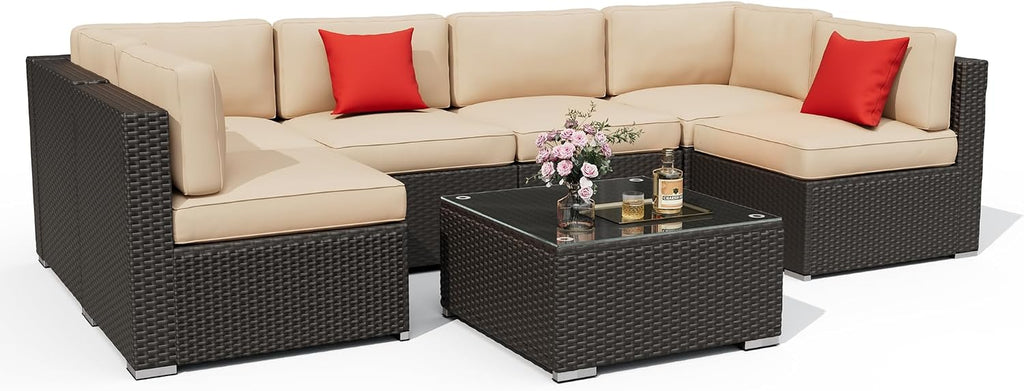 Incbruce 7-Piece Patio Furniture Set, All-Weather Conversation Set, PE Wicker Rattan Outdoor Sectional Couch with Glasstop Table and Removable Cushions (Brown)