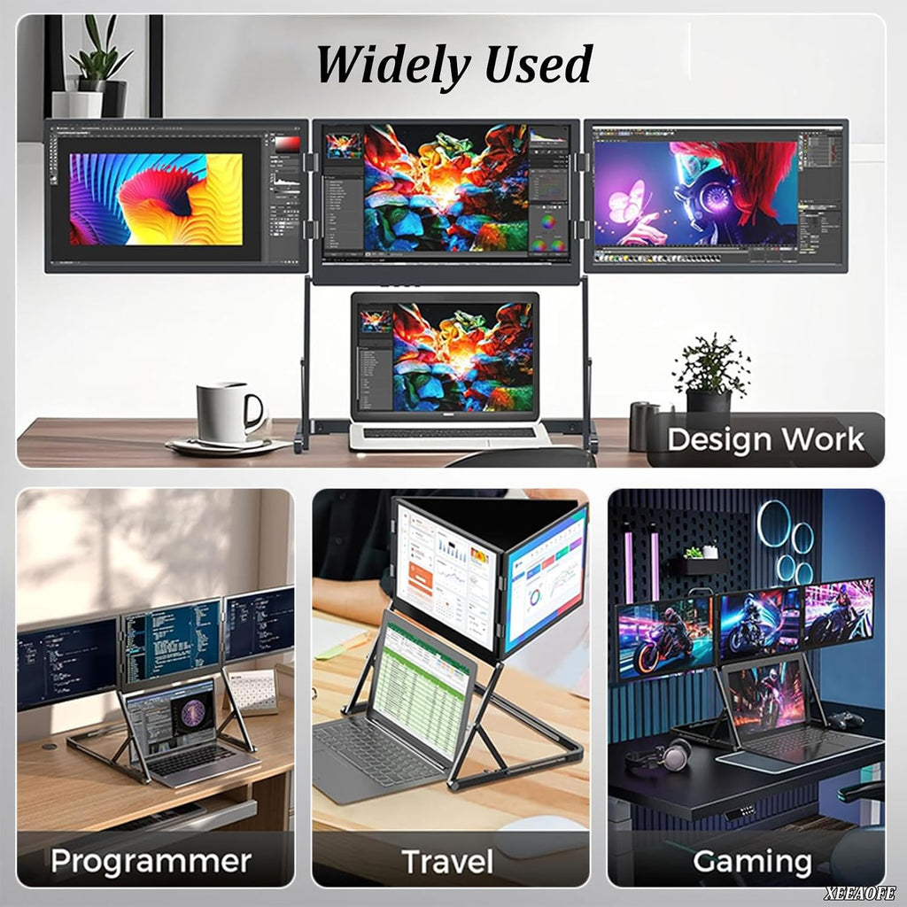 Foldable 15.6' Triple Monitor for Laptop, 1080p FHD Tri-Fold Screen Extender, Portable Extended Display with 178° Adjustable Viewing Angles for Enhanced Productivity