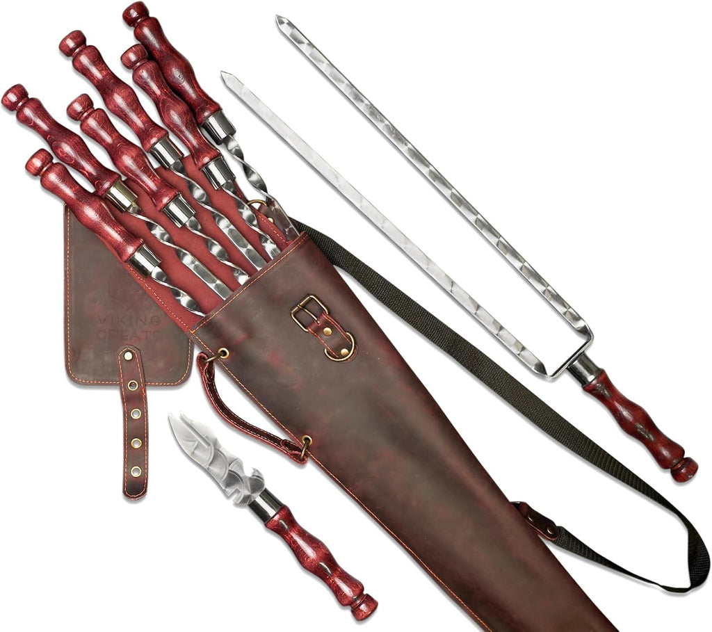 Grilling Supplies for BBQ - Outdoor Skewers Set - Premium Barbecue Skewers Tool Sets Grill Utensils - BBQ Gear - Grill Skewers Set with Case Asgard Burgundy Color