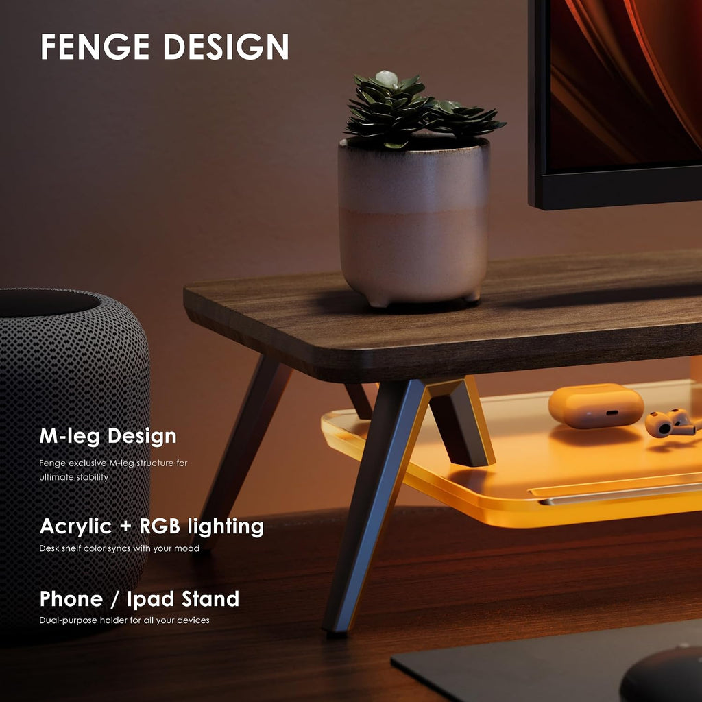 Fenge Dual Monitor Stand, 2 Tiers Acrylic Monitor Riser with LED Lights, 42.5 Inch Wood and Aluminum Desk Shelf with Phone and Tablet Holder