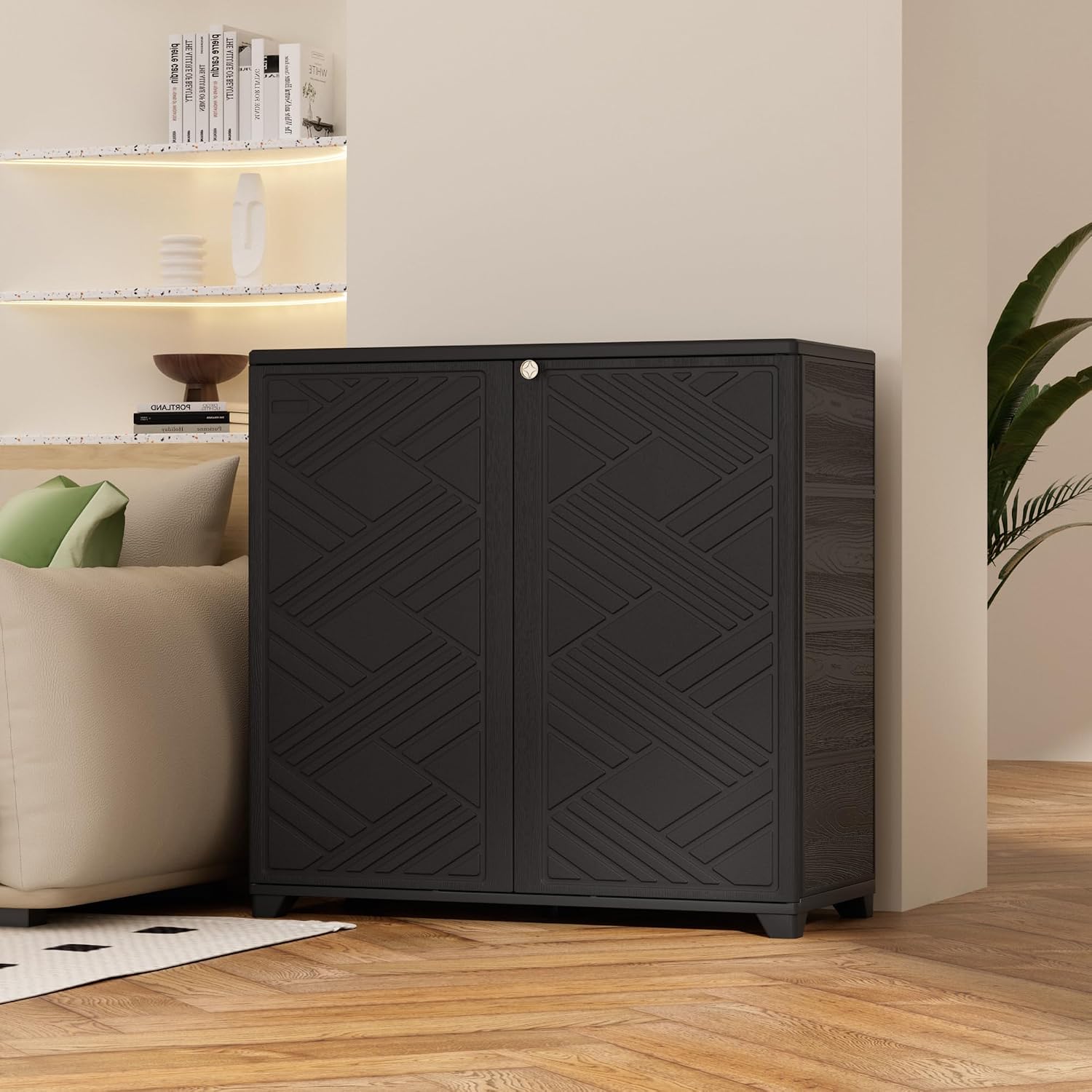 ADDOK Indoor Outdoor Plastic Storage Cabinet 34'x15'x34', Outdoor Storage Shed for Living Room, Hallway, Balcony, Garage, Garden, Backyard-Black（W/O Shelf）